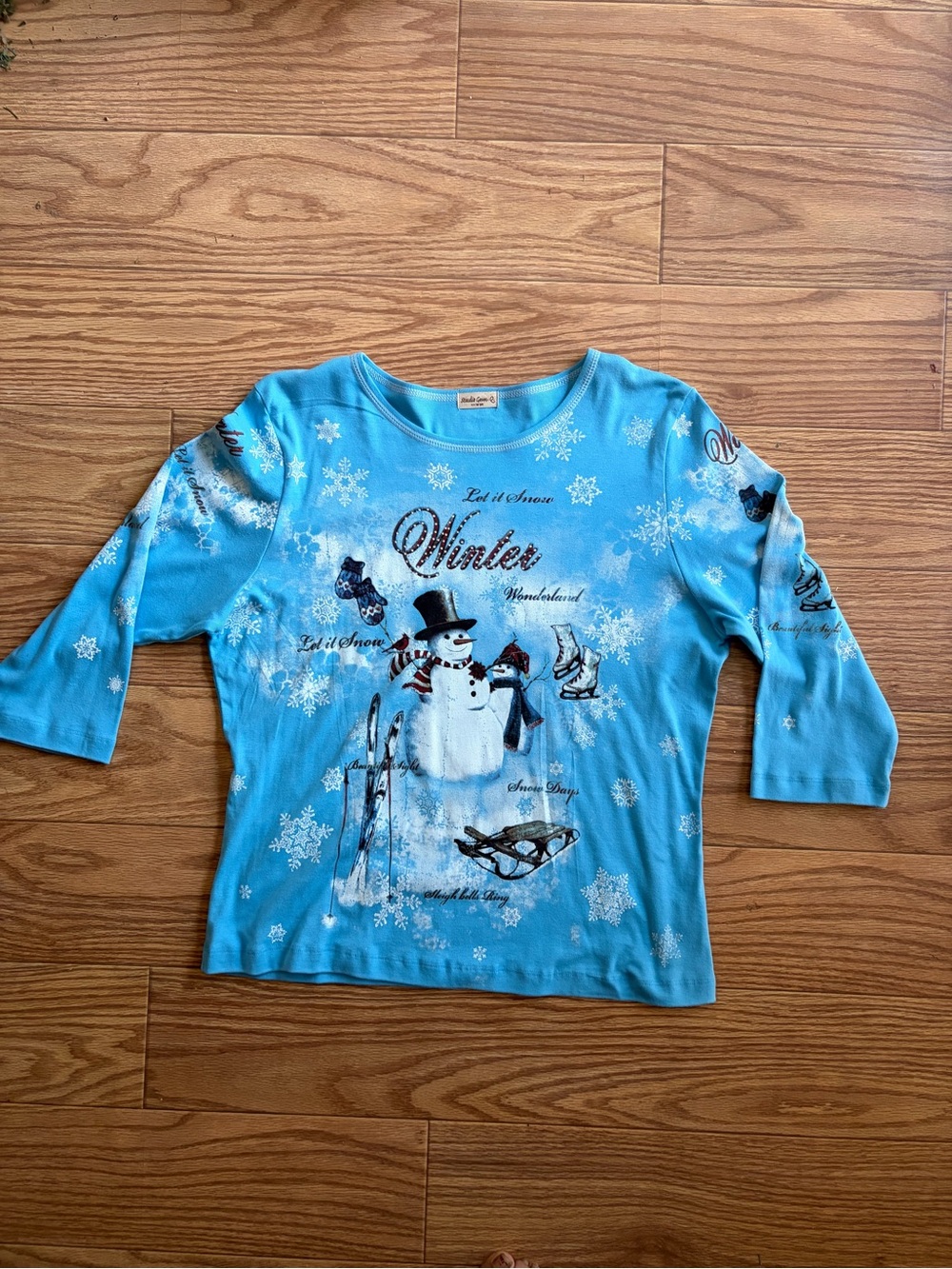 Vintage Studio Gem Q. Winter Snowman Graphic 3/4 Sleeve Top - Blue